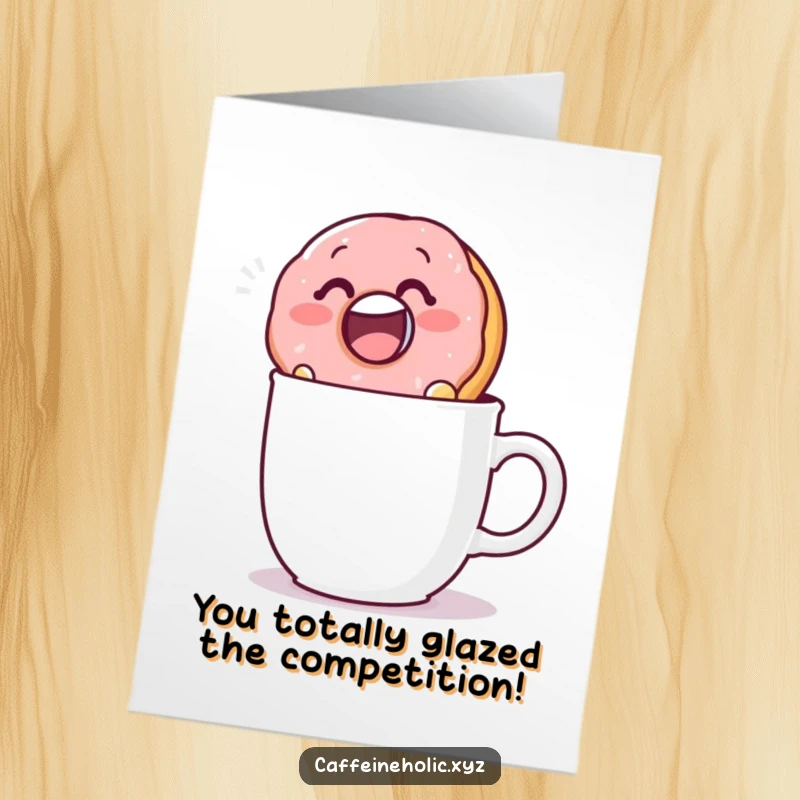 Funny free printable congratulations card showing a happy donut taking a big dive into a coffee mug.