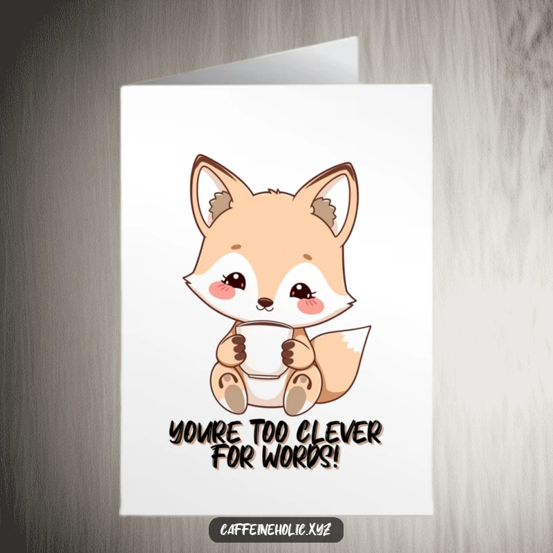 Funny Free Printable Congratulations Card showing a smiling kawaii fox holding a tiny espresso, celebrating achievements with flair.