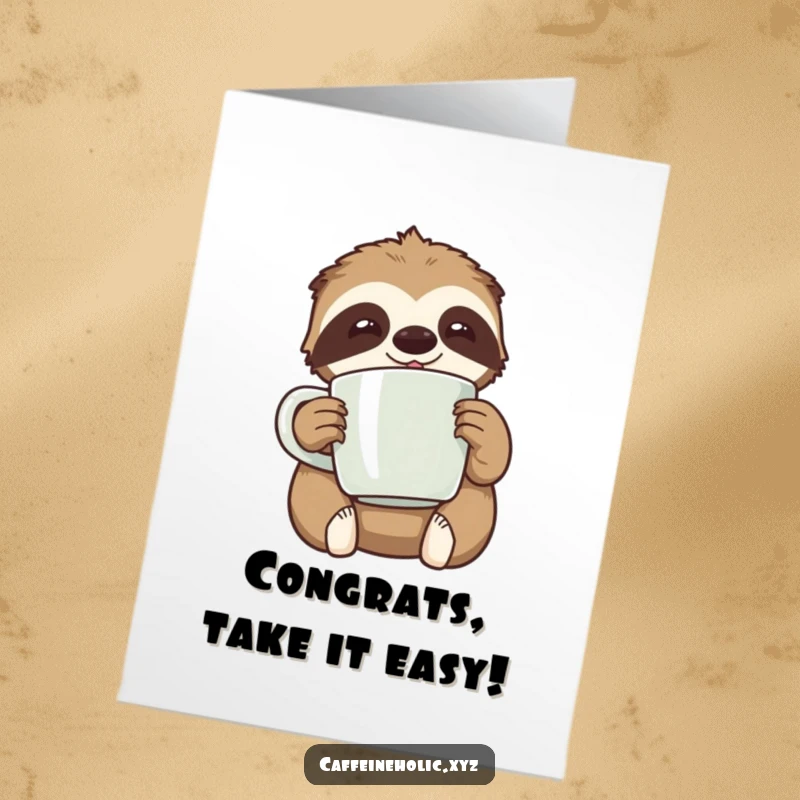 Funny Free Printable Congratulations Card: Kawaii sloth holds a huge coffee mug, looking utterly content.