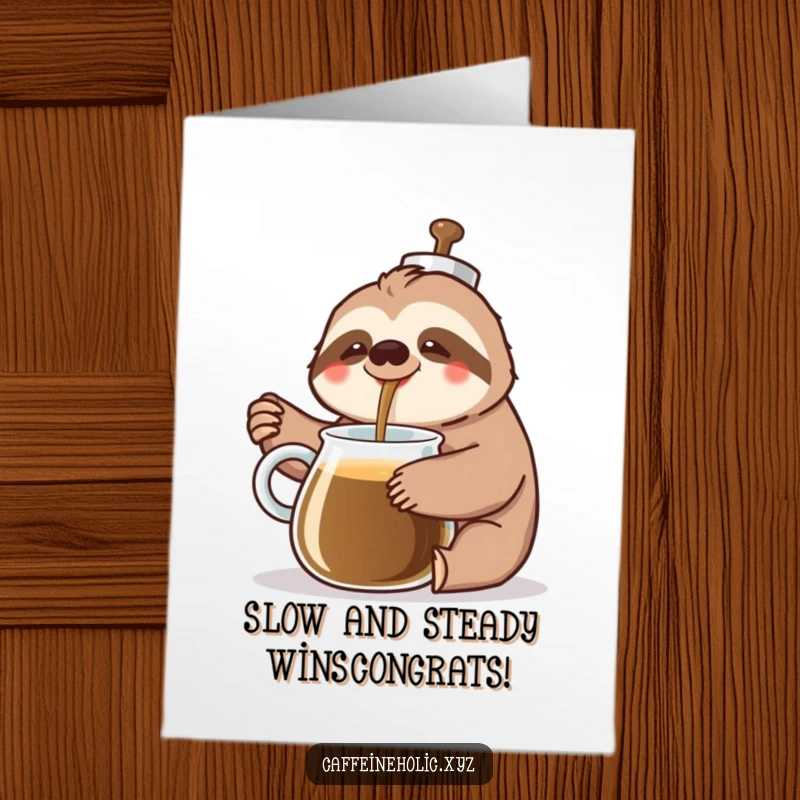 Funny Free Printable Congratulations Card: Cheerful sloth happily pours coffee from a giant pot, celebrating a slow and steady achievement.