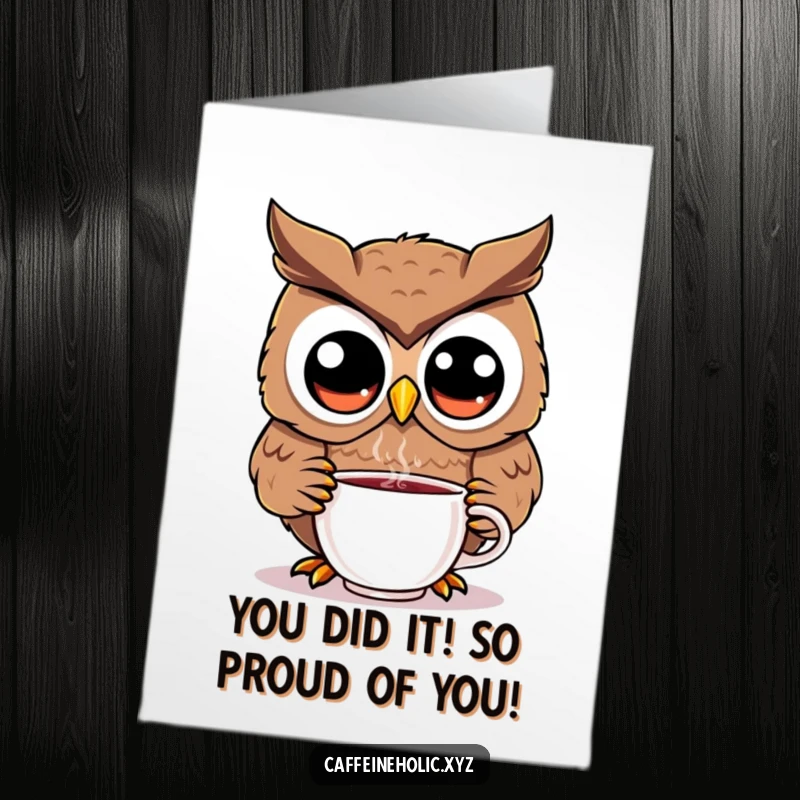 Funny Free Printable Congratulations Card with a cute kawaii owl enjoying a hot beverage, celebrating success with glee.