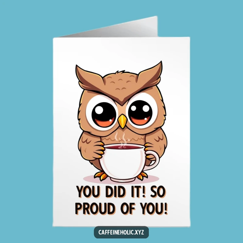 Free Printable Congrats Card: Kawaii Owl sipping coffee celebrates your win, a unique downloadable gift!