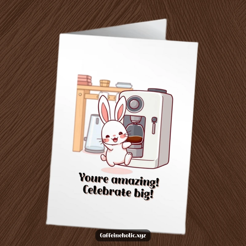Funny Free Printable Congratulations Card featuring an excited kawaii rabbit with animated whiskers near a coffee maker's glow.