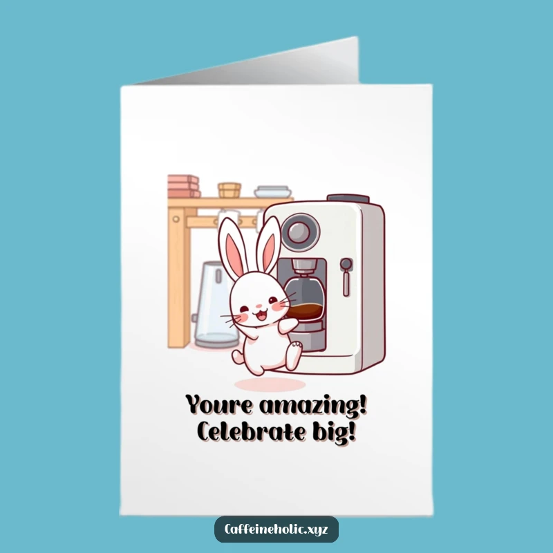 Free Printable Congrats Card: Kawaii Rabbit excited by coffee, a fun downloadable gift!