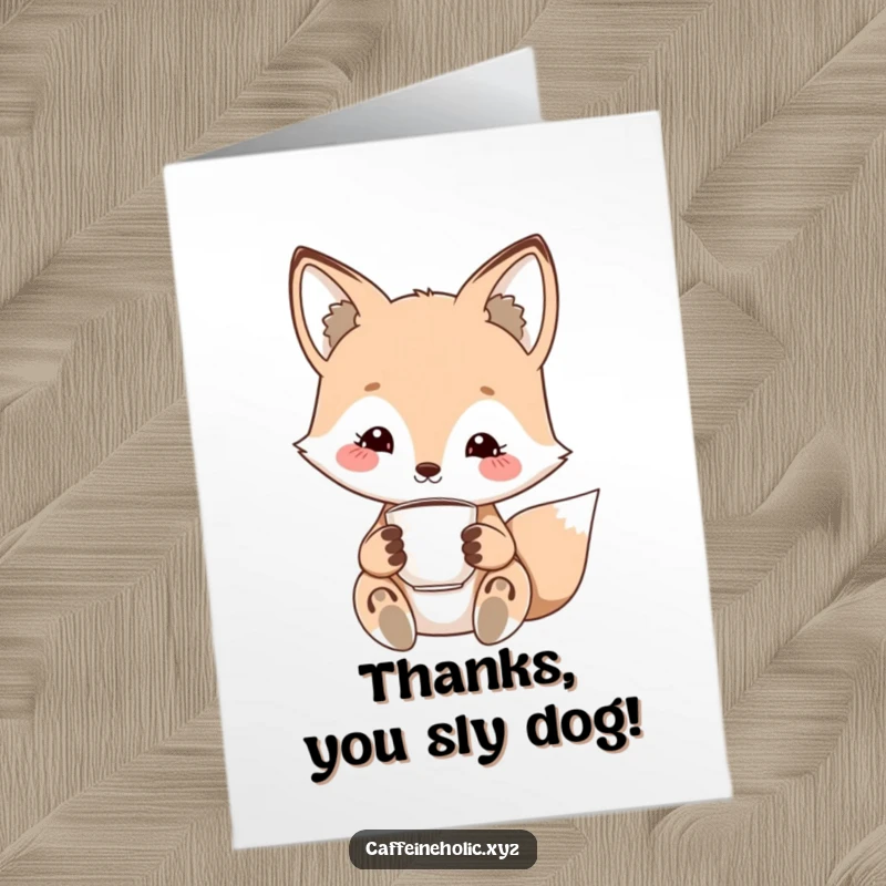 Funny Free Printable Thank You Card of a kawaii fox with a charming smile, delicately holding a tiny espresso cup.