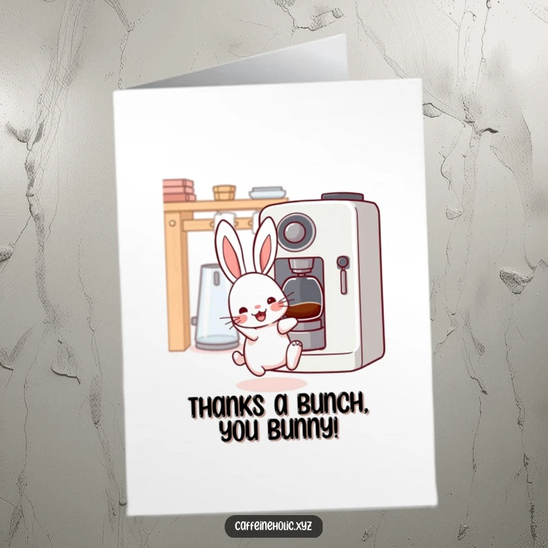 Funny Free Printable Thank You Card of a kawaii rabbit with twitching whiskers, excitedly anticipating coffee, expressing thanks.