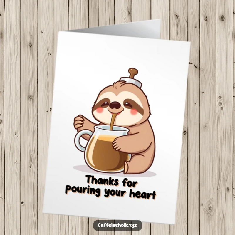 Funny Free Printable Thank You Card: Cheerful sloth happily pours coffee from a gigantic coffee pot, offering a warm thank you.