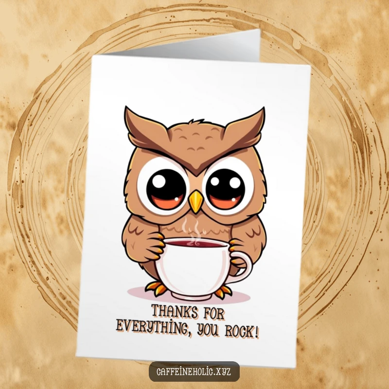 Funny Free Printable Thank You Card showing a wide-eyed kawaii owl taking a sip of coffee, expressing thanks.