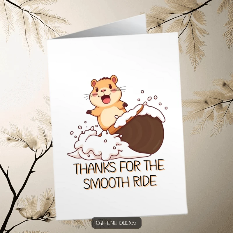 Funny free printable thank you card of a capybara happily surfing a wave of coffee foam, expressing thanks.