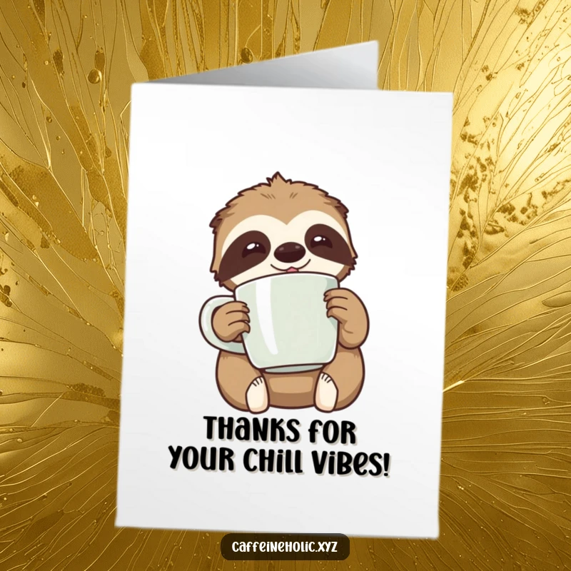 Funny Free Printable Thank You Card: A kawaii sloth relaxes, happily holding a very large coffee mug.