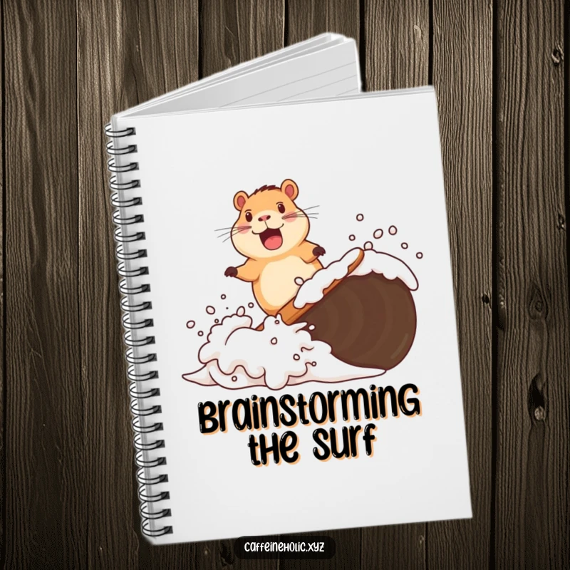 Funny notebook cover with a delighted capybara surfing a wave of coffee foam, great for jotting down relaxed thoughts and creative ideas.