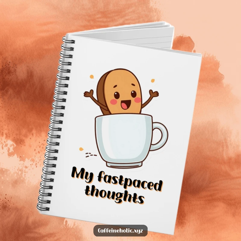 Funny Coffee Bean Journal: Cute coffee bean character excitedly riding a steaming mug, humorous journal for coffee lovers.