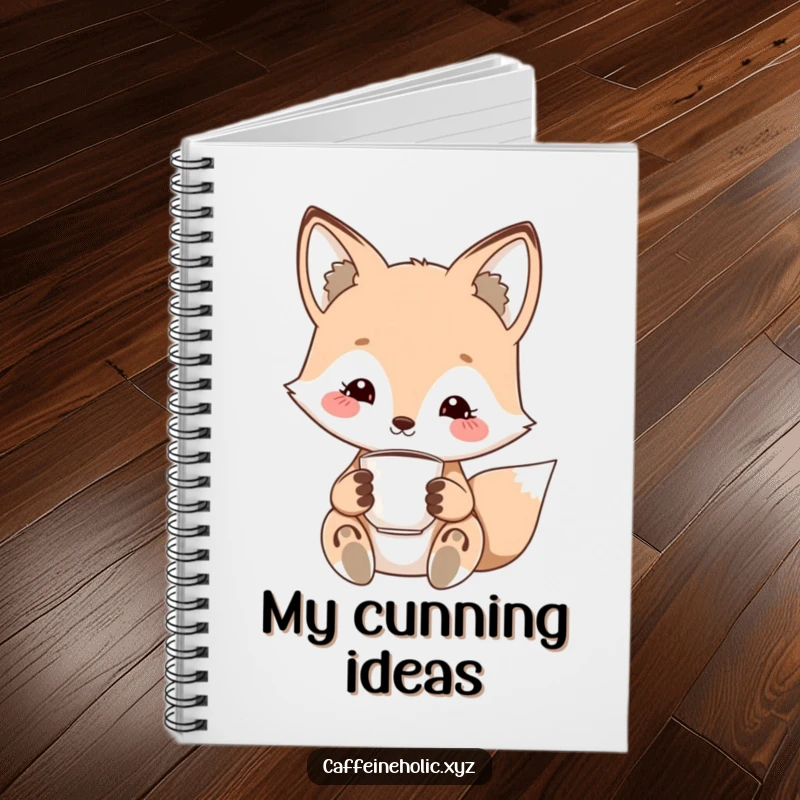 Funny kawaii fox notebook with lined pages, featuring a cute fox with a charming smile, holding a tiny espresso cup.