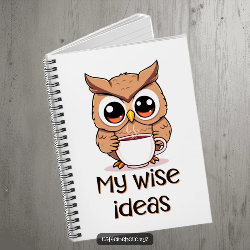 Funny kawaii owl notebook with lined pages, featuring a cute owl with wide eyes sipping coffee, ideal for writing.