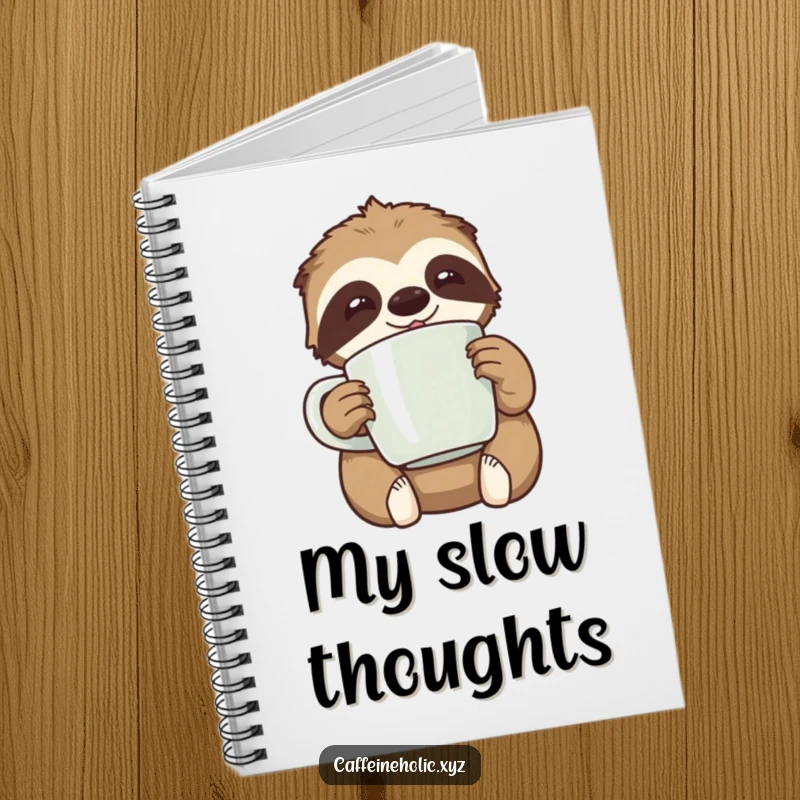 Funny kawaii sloth happily clutching an oversized coffee mug, looking relaxed, a notebook for jotting relaxed thoughts.