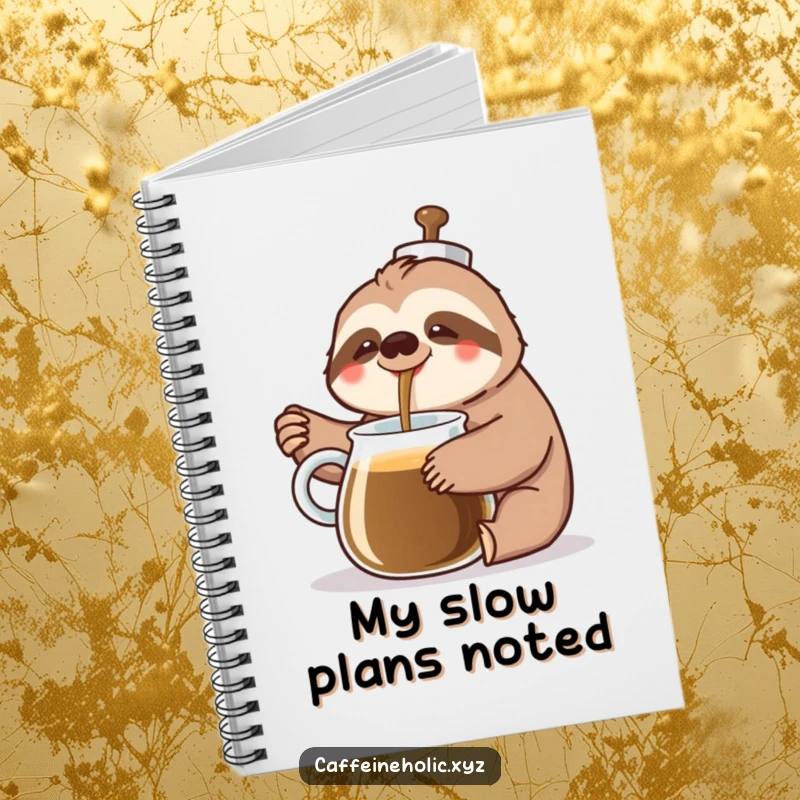 Funny Sloth Coffee Notebook: A cheerful sloth slowly pours coffee from a giant pot with a happy sigh, inspiring funny, relaxed planning.