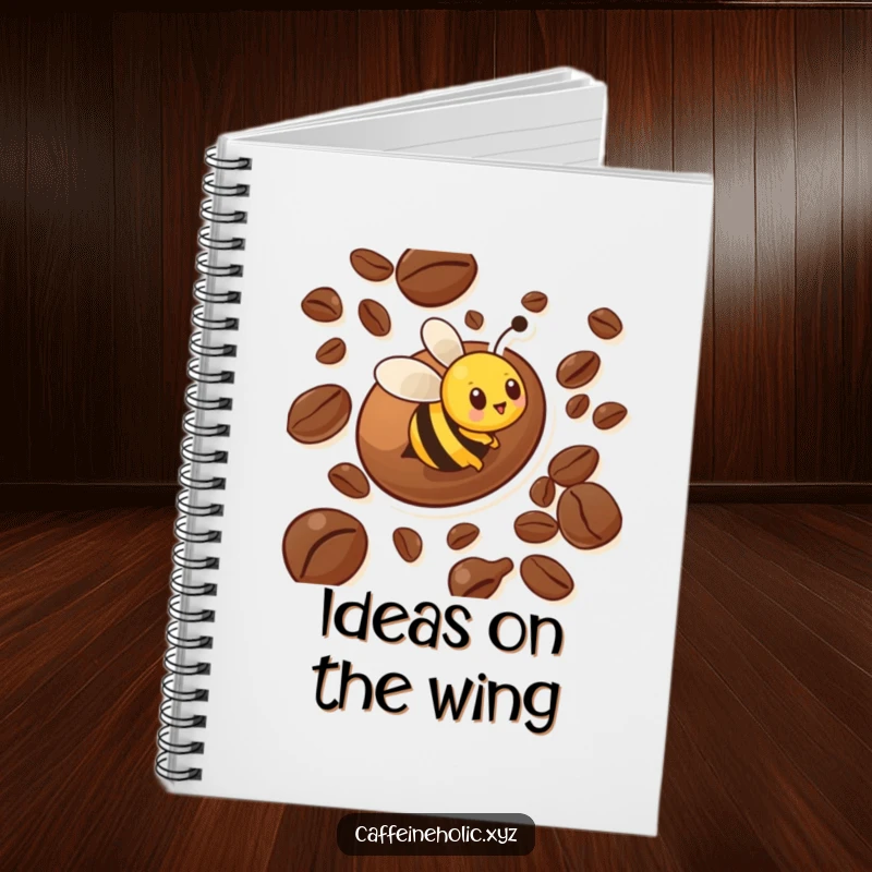 Funny notebook cover with a busy bee character zooming around a large coffee bean, perfect for jotting down energetic ideas and plans.