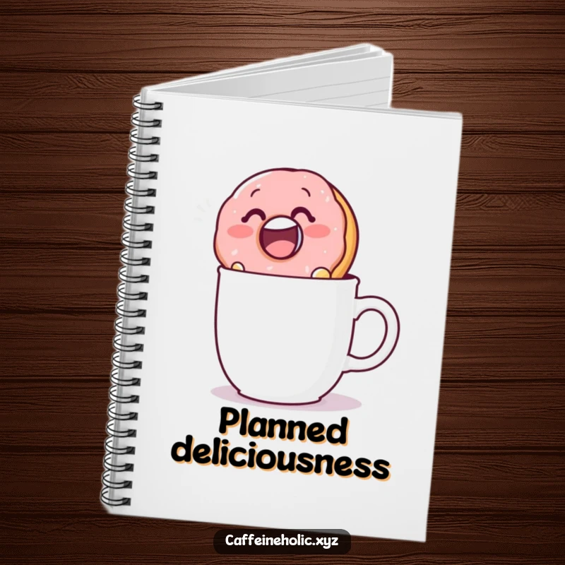 Funny notebook featuring a donut character dunking into a mug, perfect for note-taking with a sweet and humorous touch.