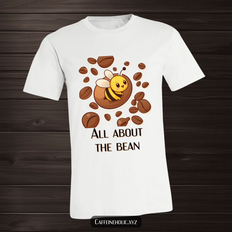 Funny t-shirt graphic of a busy bee character in rapid motion around a giant coffee bean, representing energy and enthusiasm.