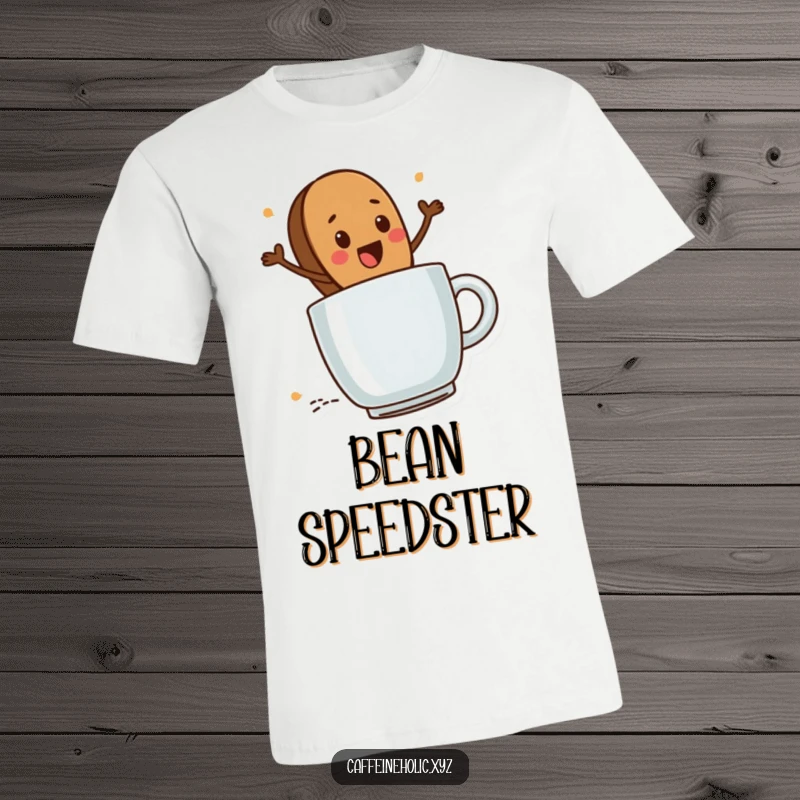 Funny Coffee Bean Rider T-Shirt: Cute coffee bean character excitedly riding a steaming mug, humorous and relatable coffee design.