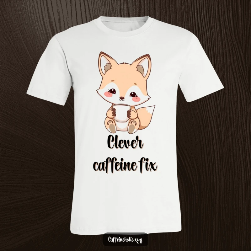 Funny kawaii fox t-shirt, cute fox with a charming smile, holding a small espresso cup, stylish and fun.