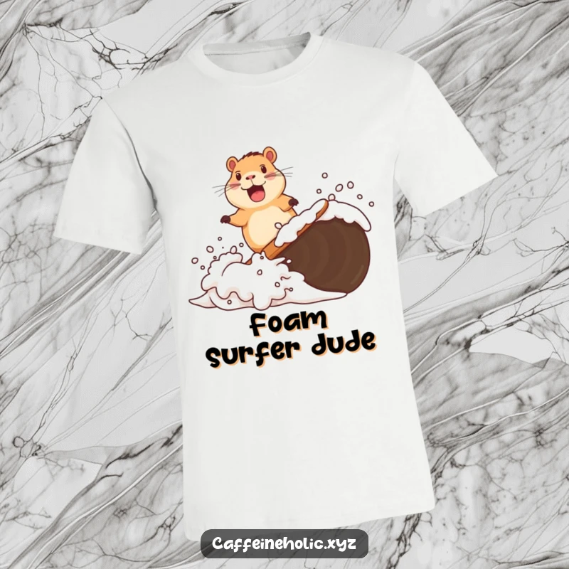 Funny t-shirt graphic of a delighted capybara expertly surfing a foamy coffee wave, embodying a serene and humorous coffee experience.