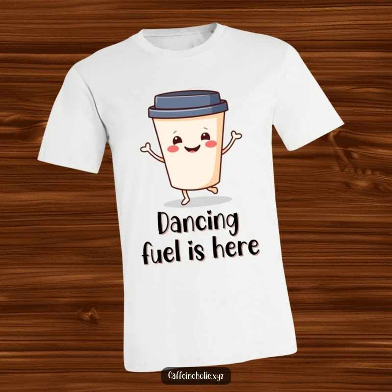 Funny Coffee Dancer T-Shirt: Cheerful coffee cup with a smiling face doing a little jig, humorous and energetic design.