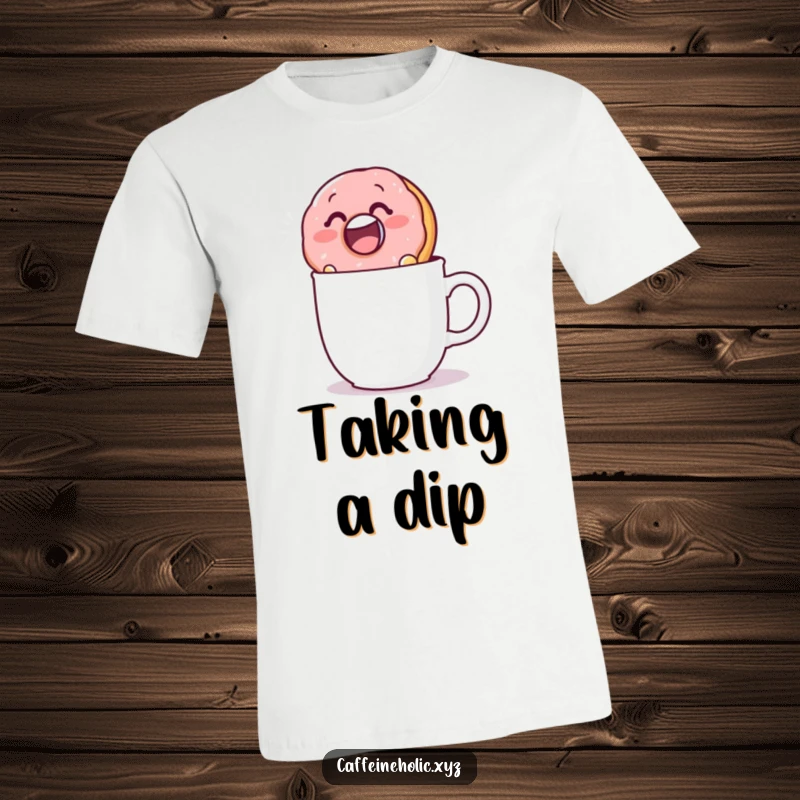 Funny t-shirt featuring a joyous donut character taking a dip in a coffee mug, ideal for pastry enthusiasts.