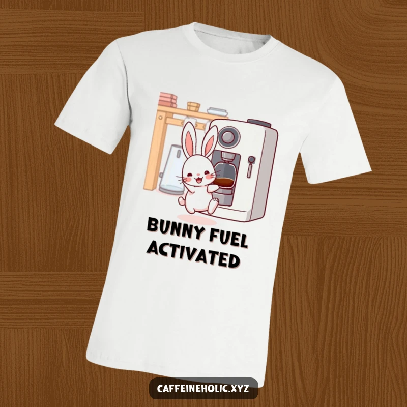 Funny kawaii rabbit t-shirt, excited bunny bouncing, twitching whiskers, near a coffee machine, energetic and fun.