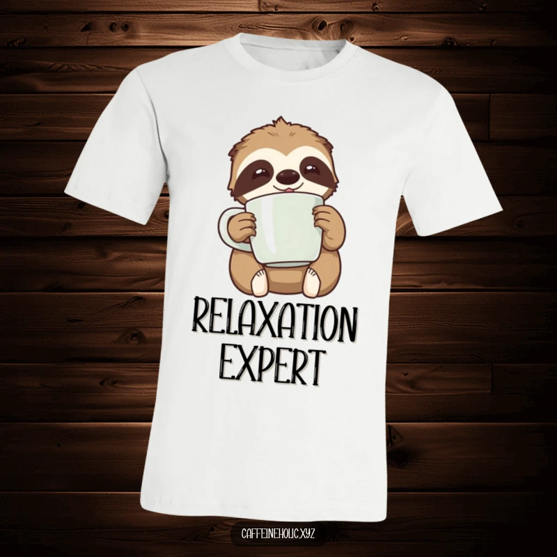 Funny kawaii sloth happily clutching an oversized coffee mug, looking relaxed, a t-shirt for coffee lovers.