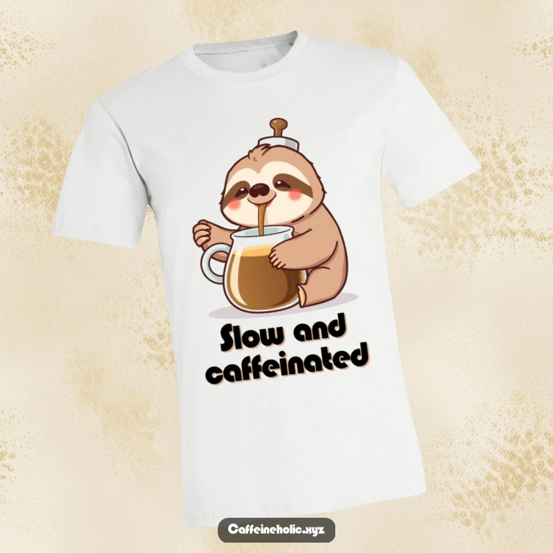 Funny Sloth Coffee T-Shirt: A cheerful sloth slowly pours coffee from a giant pot with a happy sigh, promoting relaxation humorously.