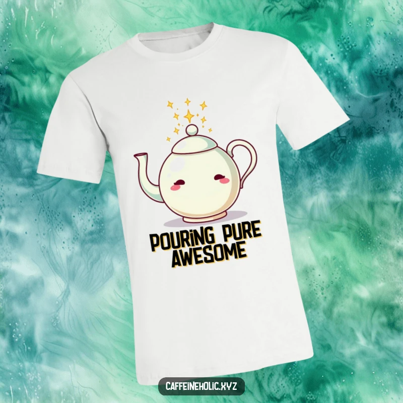 Funny t-shirt depicting a lively teapot releasing a cascade of sparkling energy, ideal for vibrant individuals.