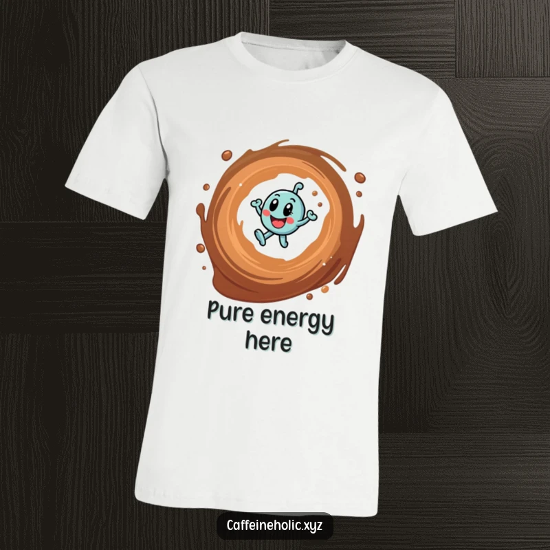 Funny t-shirt depicting a cheerful caffeine molecule in constant motion around a coffee swirl, perfect for energetic individuals.