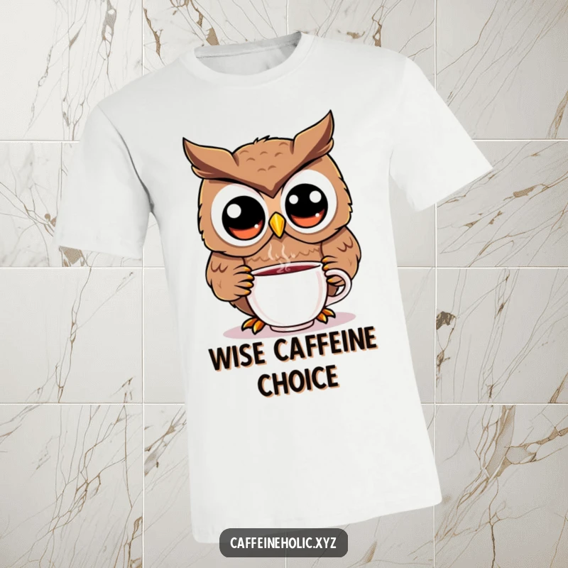 Funny kawaii owl t-shirt, big eyes, sipping from a steaming cup, conveying eagerness and cute charm.