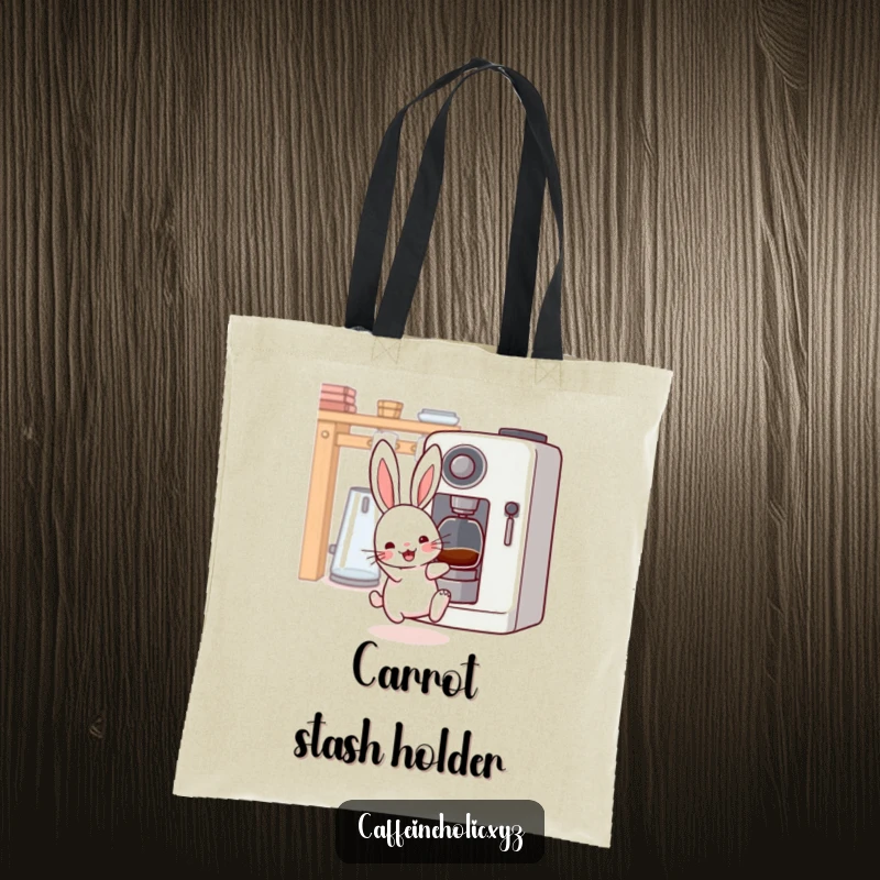 Funny kawaii rabbit tote bag, cute energetic bunny with twitching whiskers, near a coffee machine, great for everyday use.