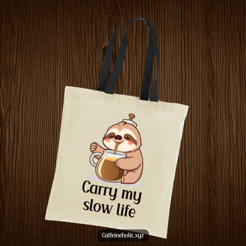 Funny Sloth Coffee Tote Bag: A cheerful sloth slowly pours coffee from a giant pot with a happy sigh, humorously promoting a relaxed lifestyle.