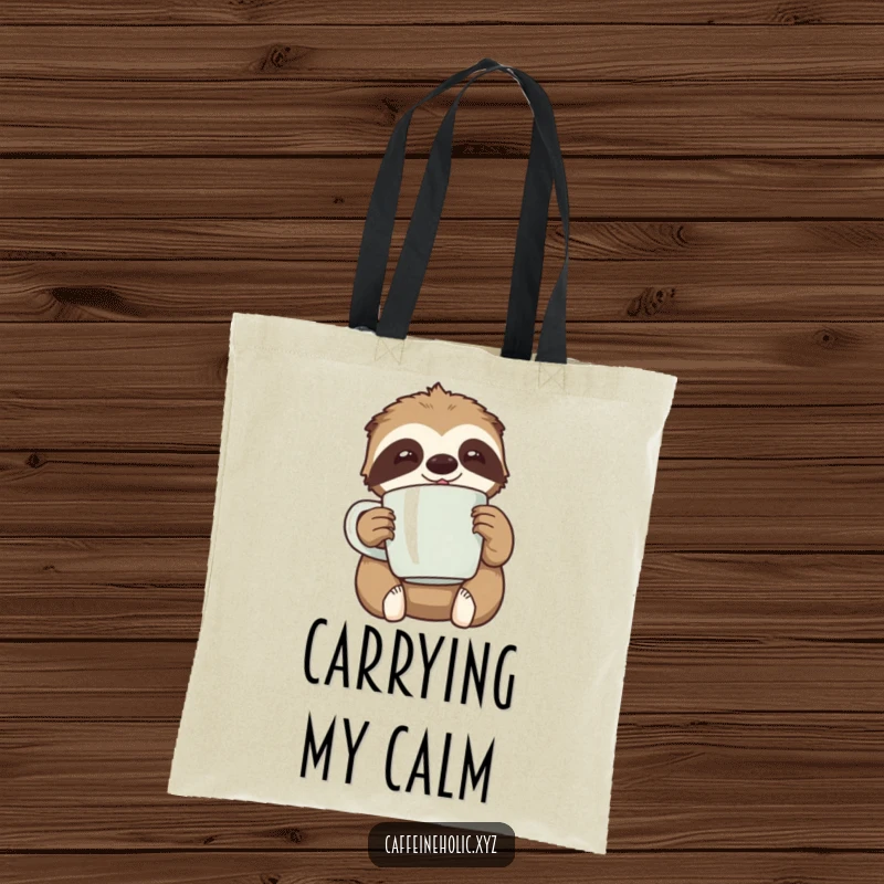 Funny kawaii sloth happily clutching an oversized coffee mug, looking relaxed, a tote for relaxed coffee lovers.