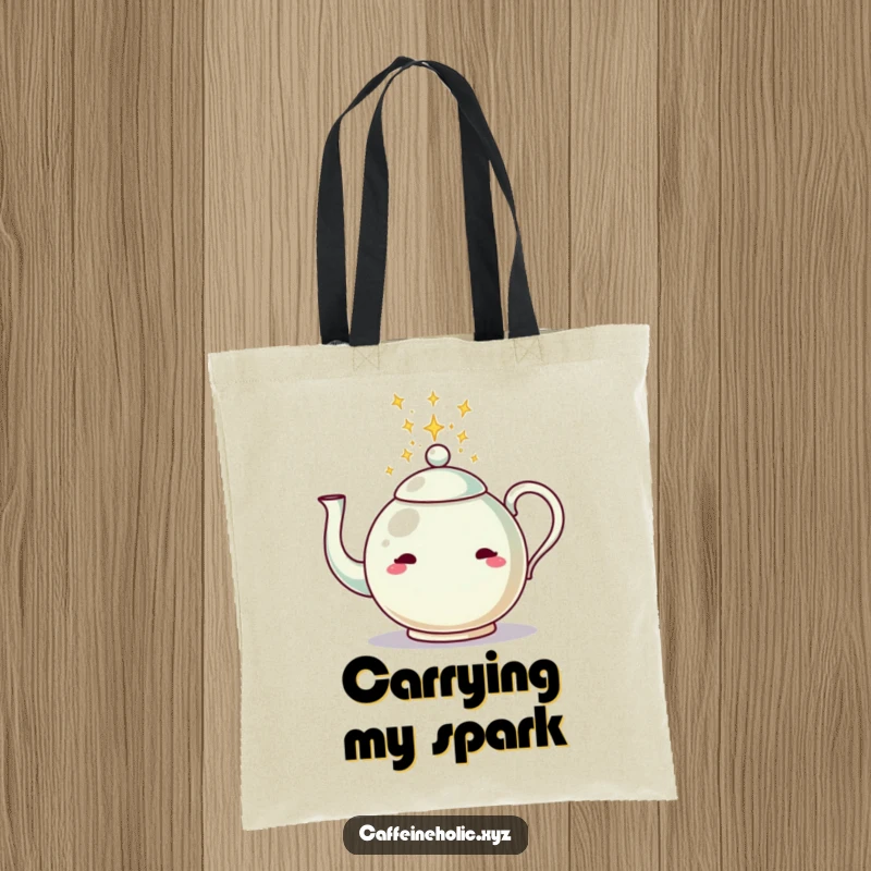 Funny tote bag illustrated with a teapot pouring a stream of sparkling energy, perfect for carrying essentials with flair.