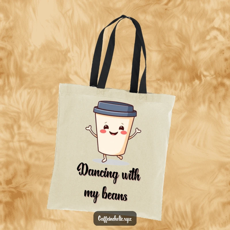 Funny Coffee Commuter Tote Bag: Cheerful coffee cup with a smiling face doing a little jig, a humorous and functional tote.