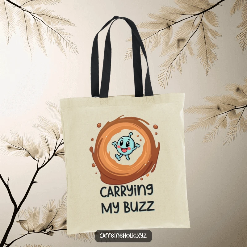 Funny tote bag featuring a hyperactive caffeine molecule spinning around a coffee vortex, ideal for carrying essentials with humor.