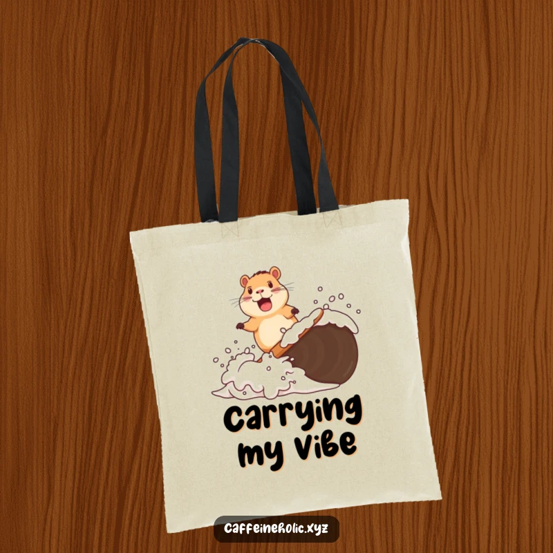 Funny tote bag showcasing a delighted capybara surfing a wave of coffee foam, perfect for carrying daily essentials with a smile.