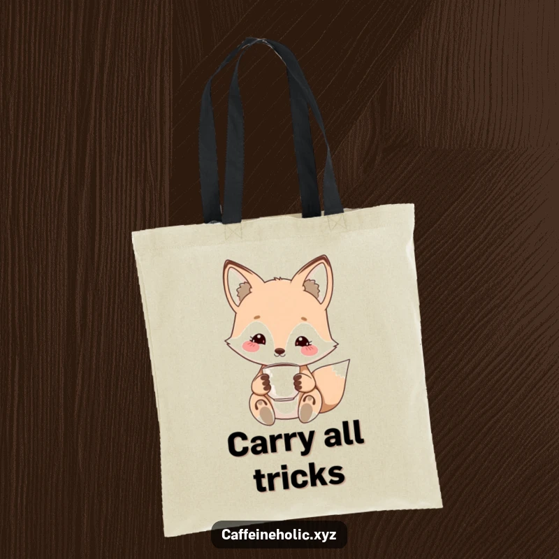 Funny kawaii fox tote bag, cute fox with a charming smile, holding a tiny espresso cup, stylish and practical.