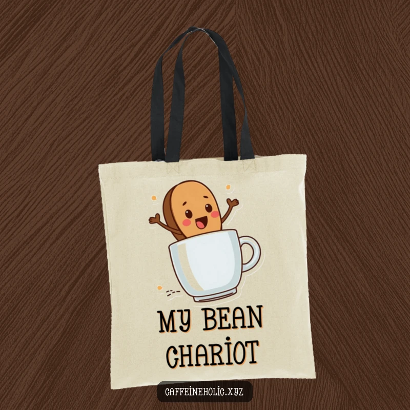 Funny Coffee Bean Carry Bag: Cute coffee bean character excitedly riding a steaming mug, a humorous and functional tote.
