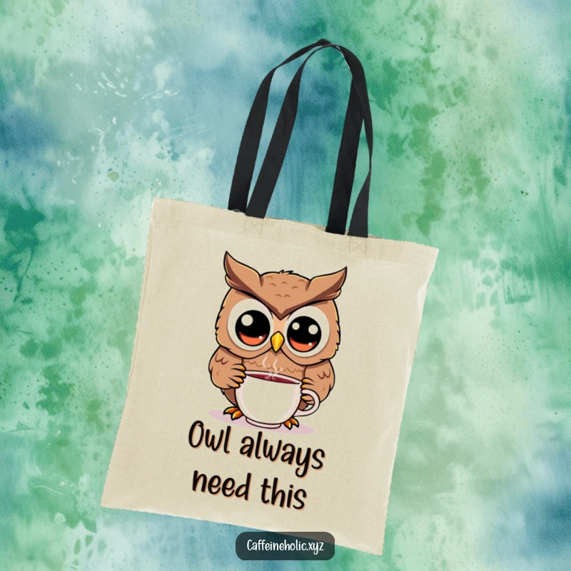 Funny kawaii owl tote bag, adorable owl with big eyes, carrying a steaming coffee cup, practical and cute.